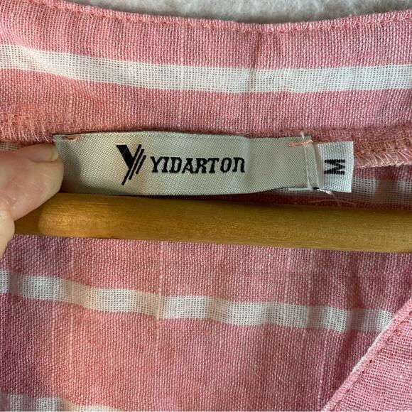 Yidarton Womens Cotton Flax Top Sz M Pink White Stripped Preppy Beachy Coastal - Picture 9 of 12